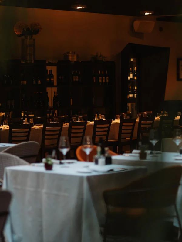 Elegant restaurant with set tables and dim lighting